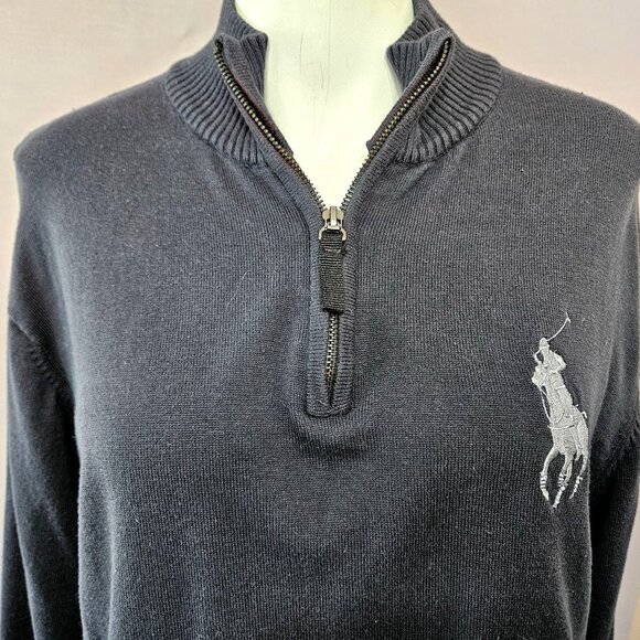 Mens Sweater Pullover Shirt 1/4 Zip M Navy Blue Big Pony Embroidered Long Sleeve - Picture 6 of 10